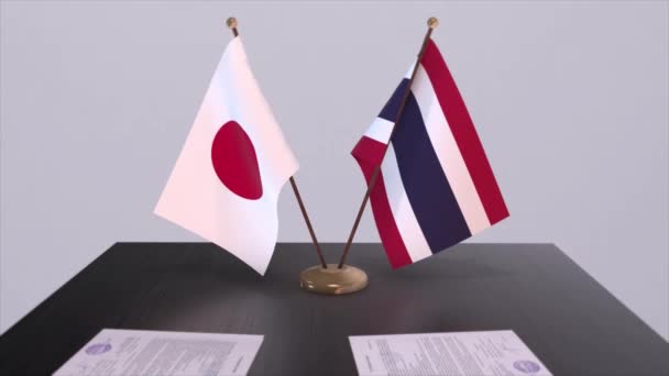 Tayland Japonya Ulusal Bayrakları Politik Anlaşma Diplomatik Toplantı Politika Animasyonu — Stok video