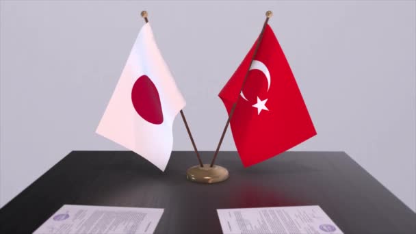 Flagi Narodowe Turcji Japonii Porozumienie Polityczne Spotkanie Dyplomatyczne Polityka Aktywizacja — Wideo stockowe