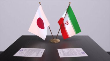 İran ve Japonya ulusal bayrakları, siyasi anlaşma, diplomatik toplantı. Politika ve iş dünyası 3D illüstrasyon.