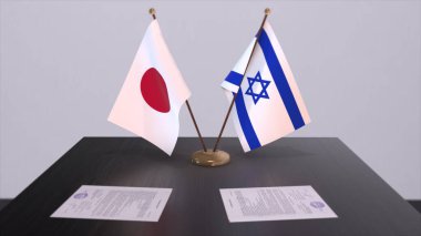 İsrail ve Japonya ulusal bayrakları, siyasi anlaşma, diplomatik toplantı. Politika ve iş dünyası 3D illüstrasyon.