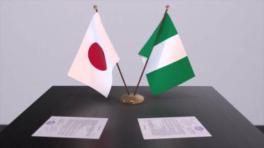 Nigeria and Japan national flags, political deal, diplomatic meeting. Politics and business 3D illustration.
