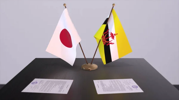Bandeiras Nacionais Brunei Japão Acordo Político Reunião Diplomática Política Negócios — Fotografia de Stock