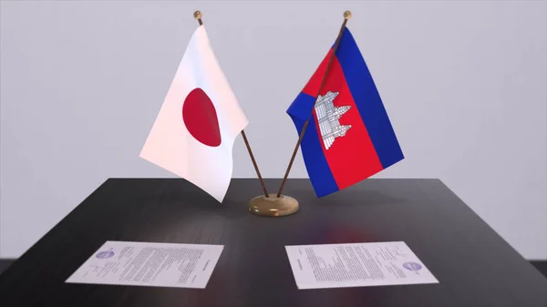 Bandeiras Nacionais Camboja Japão Acordo Político Reunião Diplomática Política Negócios — Fotografia de Stock