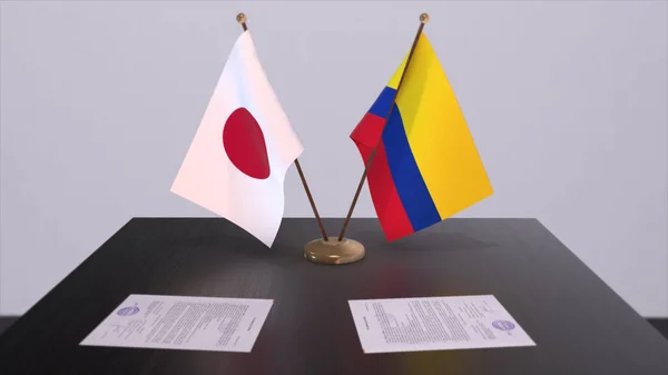Kolumbia Japonia Flagi Narodowe Porozumienie Polityczne Spotkanie Dyplomatyczne Polityka Biznes — Zdjęcie stockowe