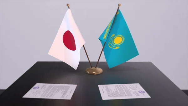 Kazachstan Japonia Flagi Narodowe Umowa Polityczna Spotkanie Dyplomatyczne Polityka Biznes — Zdjęcie stockowe