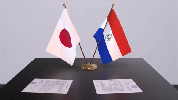 stock image Paraguay and Japan national flags, political deal, diplomatic meeting. Politics and business 3D illustration.