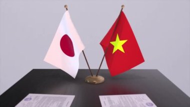 Vietnam ve Japonya ulusal bayrakları, politik anlaşma, diplomatik toplantı. Politika ve iş animasyonu