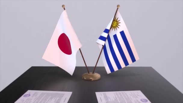 Nationalflaggen Uruguays Und Japans Politischer Deal Diplomatisches Treffen Animation Aus — Stockvideo