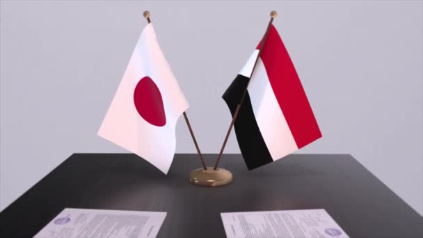Jemen Japan Nationale Vlaggen Politieke Overeenkomst Diplomatieke Bijeenkomst Politiek Zakelijke — Stockvideo