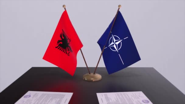 Arnavutluk Ulusal Bayrağı Nato Bayrağı Politika Diplomasi Illüstrasyonu — Stok video