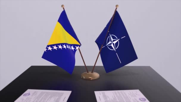 Bosna Hersek Ulusal Bayrağı Nato Bayrağı Politika Diplomasi Illüstrasyonu — Stok video