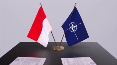 Endonezya ulusal bayrağı ve NATO bayrağı. Politika ve diplomasi illüstrasyonu