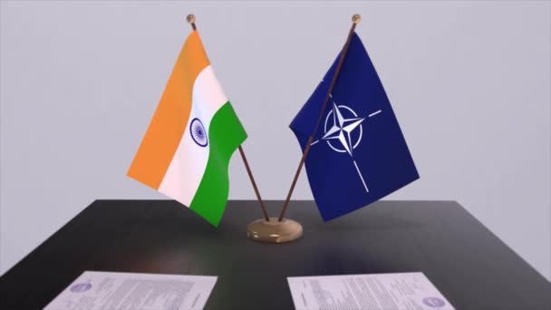 Indiens Nationella Flagga Och Natos Flagga Politik Och Diplomati Illustration — Stockvideo