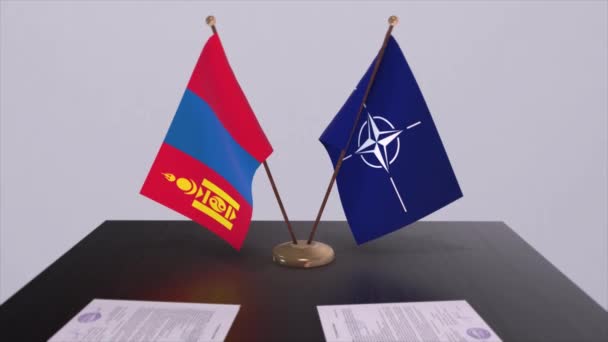 蒙古国旗和北约国旗 政治和外交说明 — 图库视频影像