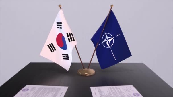 韩国国旗和北约国旗 政治和外交说明 — 图库视频影像