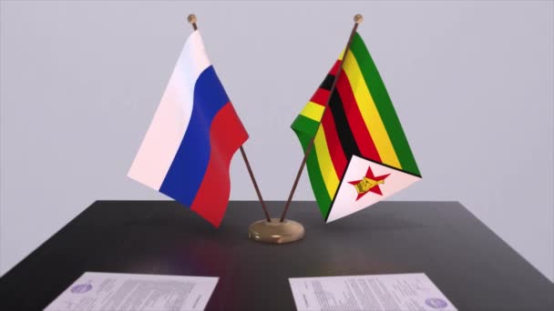 Zimbabue Rusia Bandera Nacional Reunión Negocios Acuerdo Diplomático Animación Acuerdo — Vídeo de stock