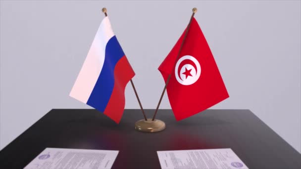 Tunisien Och Ryssland Nationella Flagga Affärsmöte Eller Diplomati Avtal Aktivitet — Stockvideo