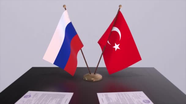 Bandera Nacional Turquía Rusia Reunión Negocios Acuerdo Diplomático Animación Acuerdo — Vídeos de Stock