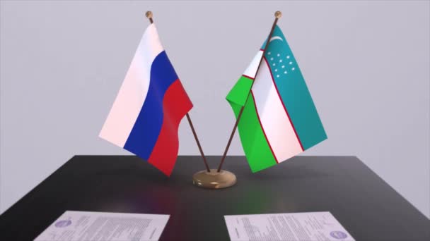ウズベキスタンとロシアの国旗 ビジネス会議や外交協定 政治協定アニメーション — ストック動画