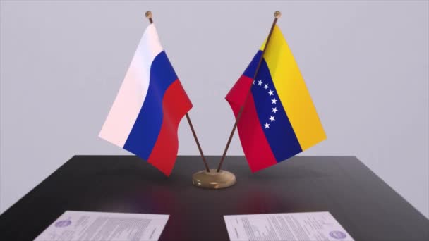 Wenezuela Rosja Flaga Narodowa Spotkanie Biznesowe Lub Umowa Dyplomatyczna Animacja — Wideo stockowe