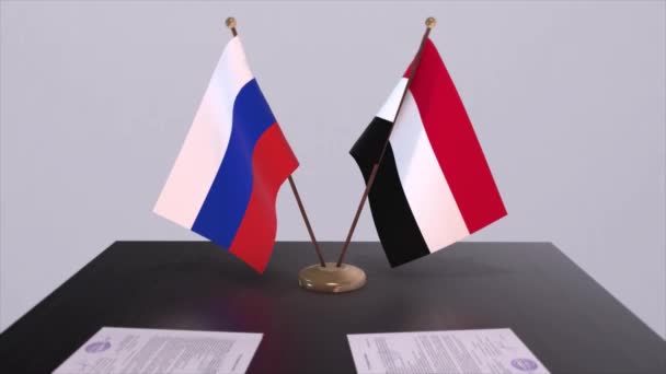 イエメンとロシアの国旗 ビジネス会議や外交協定 政治協定アニメーション — ストック動画
