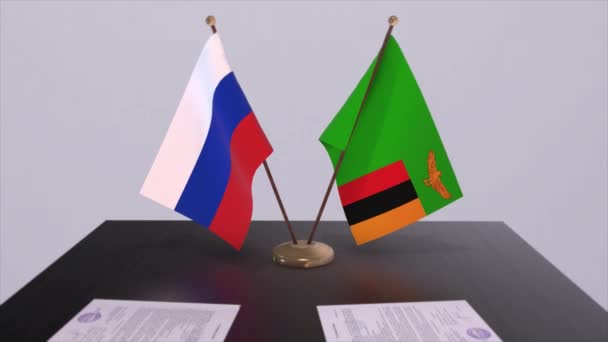 ザンビアとロシアの国旗 ビジネス会議や外交協定 政治協定アニメーション — ストック動画