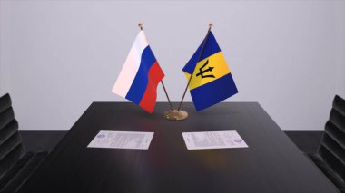 Barbados and Russia national flag, business meeting or diplomacy deal. Politics agreement 3D illustration.