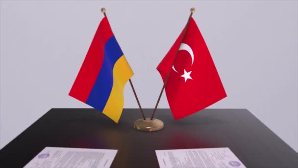 亚美尼亚和土耳其在政治会议上高举国旗 商业交易动画 — 图库视频影像