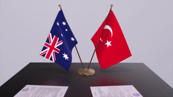 Australia Turkey Flags Politics Meeting Business Deal Animation — Stock Video
