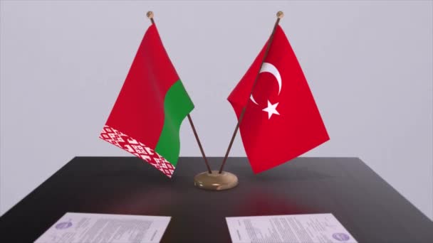 Bělorusko Turecko Vlajky Politickém Zasedání Animace Obchodní Dohody — Stock video