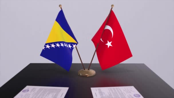Bosnia Herzegovina Turkey Flags Politics Meeting Business Deal Animation — Stock Video