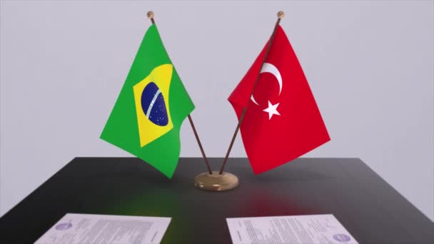 Brasilien Och Turkiet Flaggar Vid Ett Politiskt Möte Verksamhet Affär — Stockvideo