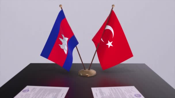Cambodia Turkey Flags Politics Meeting Business Deal Animation — Stock Video