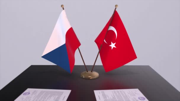 捷克和土耳其在政治会议上高举国旗 商业交易动画 — 图库视频影像