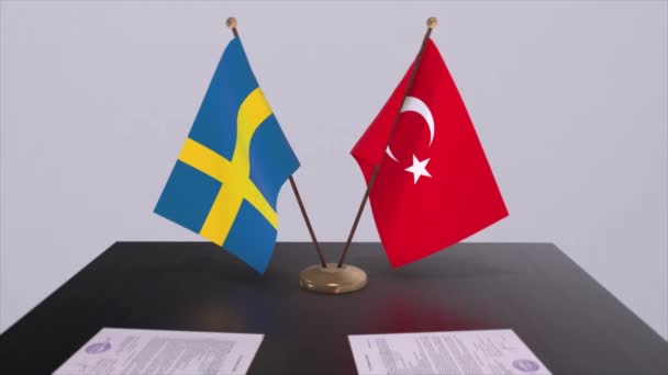 Suecia Turquía Banderas Reunión Política Negocios Trato Animación — Vídeos de Stock