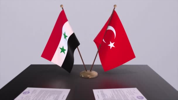 Συρία Και Τουρκία Σημαιολογούν Πολιτική Συνάντηση Κινούμενα Σχέδια Επιχειρηματικών Συμφωνιών — Αρχείο Βίντεο