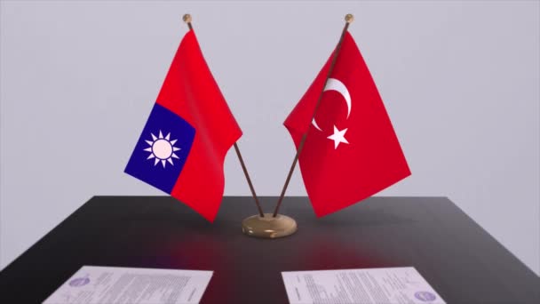 Flaggen Von Taiwan Und Der Türkei Beim Politischen Treffen Animation — Stockvideo