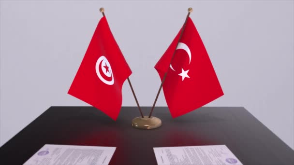 Туніс Туреччина Прапори Політичній Нараді Анімація Ділових Операцій — стокове відео