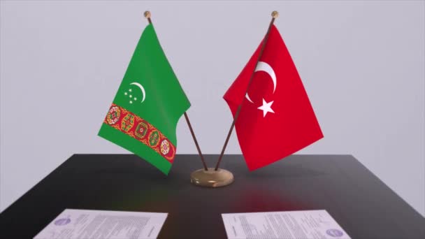 Туркменістан Туреччина Прапори Політичній Нараді Анімація Ділових Операцій — стокове відео