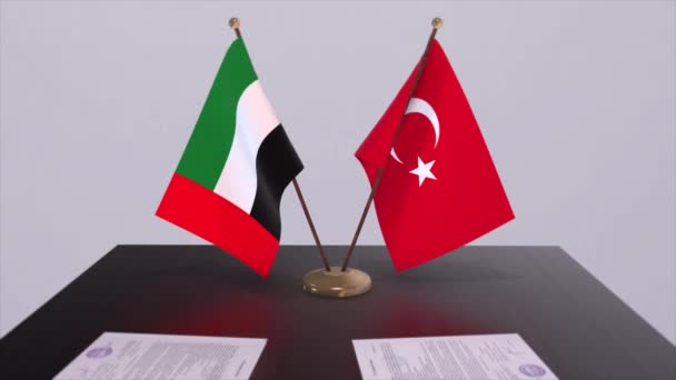 Uae Turkey Flags Politics Meeting Business Deal Animation — Stock Video