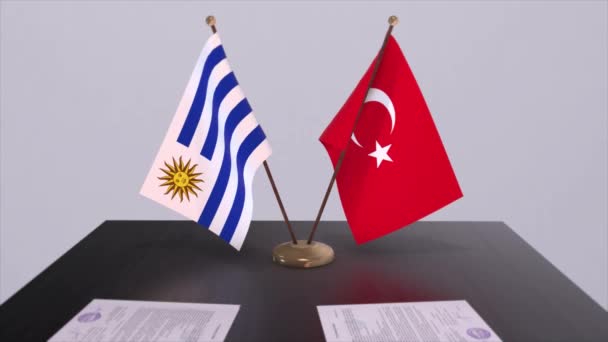 乌拉圭和土耳其在政治会议上高举国旗 商业交易动画 — 图库视频影像