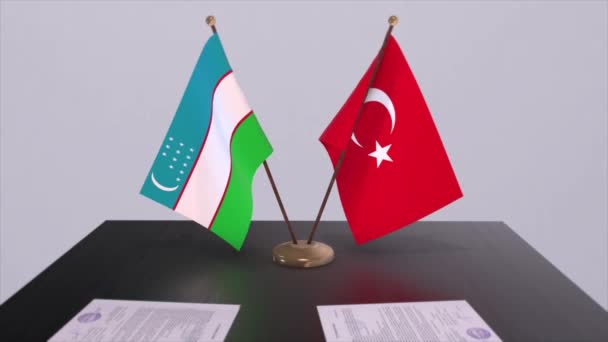 乌兹别克斯坦和土耳其在政治会议上高举国旗 商业交易动画 — 图库视频影像