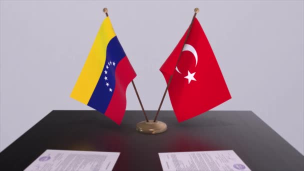 Флаги Венесуэлы Турции Политической Встрече Анимация Деловых Сделок — стоковое видео
