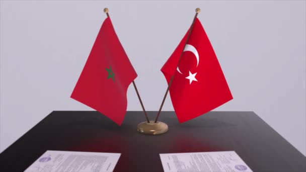 Maroko Turecko Vlajky Politickém Zasedání Animace Obchodní Dohody — Stock video