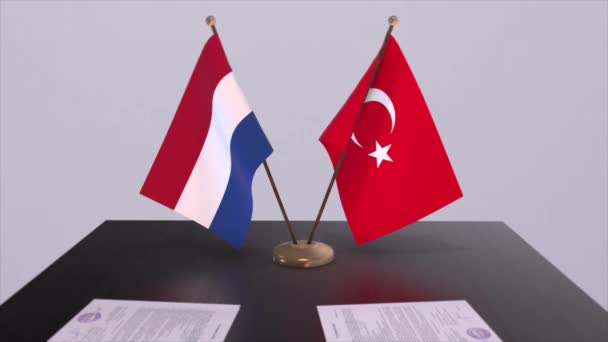 Flaggen Der Niederlande Und Der Türkei Beim Politischen Treffen Animation — Stockvideo