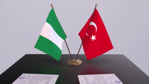 尼日利亚和土耳其在政治会议上高举国旗 商业交易动画 — 图库视频影像