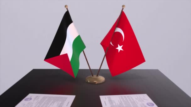 Palästinensische Und Türkische Flaggen Beim Politischen Treffen Animation Von Geschäften — Stockvideo