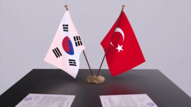 Güney Kore ve Türkiye siyasi toplantıda bayrak sallıyor. İş anlaşması animasyonu