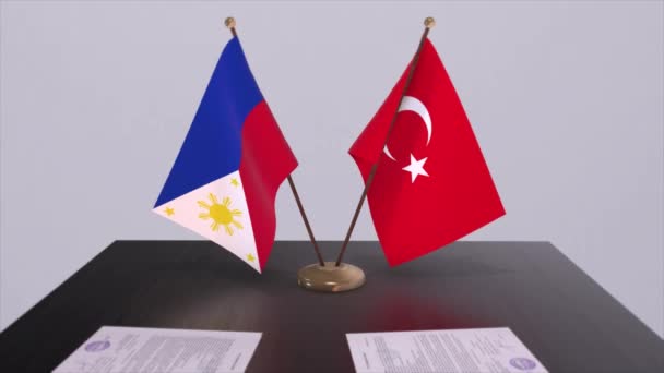 Flaggen Der Philippinen Und Der Türkei Beim Politischen Treffen Animation — Stockvideo