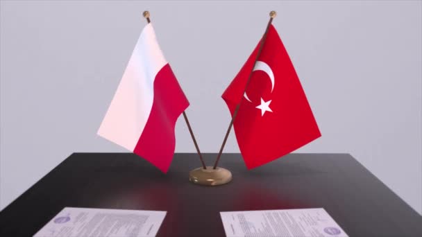 Flaggen Aus Polen Und Der Türkei Beim Politischen Treffen Animation — Stockvideo
